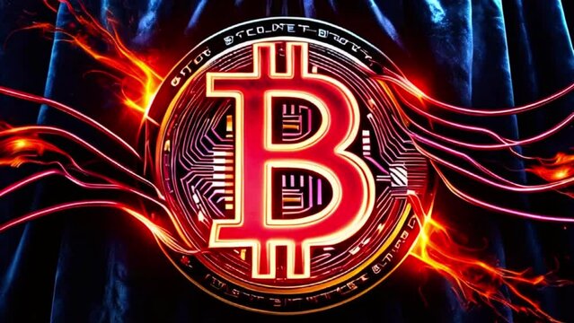 A glowing red and gold Bitcoin logo with a circuit board pattern.