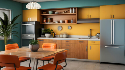 Design a mid-century modern kitchen with retro appliances, teak cabinets, and a bold color scheme