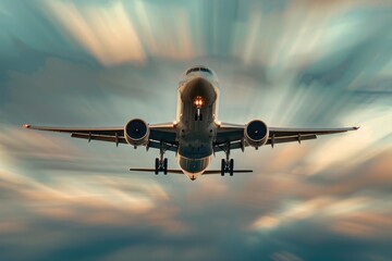 Naklejka premium A commercial airplane flying at high speed, with the motion blur background enhancing the sense of movement and efficiency in air shipping. The sky is partially cloudy, adding depth to the scene.