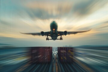 Naklejka premium A cargo plane is shown during takeoff, with a motion blur background to emphasize the speed and urgency associated with air shipping. The aircraft stands out prominently against the sky.