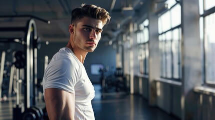 Obraz premium A young presenter man poses in a sleek gym environment, illuminated by clear natural light. The raw photo emphasizes the genuine and unedited atmosphere.