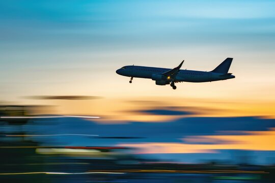 A passenger aircraft climbing through the sky, with the background blurred to suggest quick movement. This image highlights the reliability and speed of air shipping services.