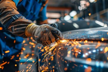 auto repairman grinding autobody bonnet.