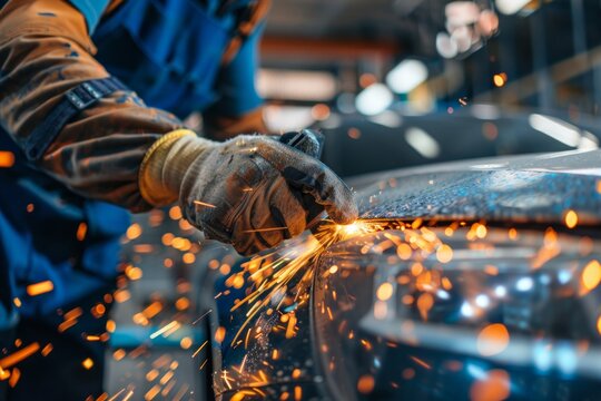auto repairman grinding autobody bonnet.
