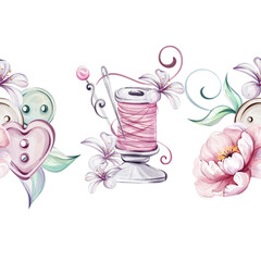 Watercolor seamless border - spool of thread with flowers, buttons and needle. Vintage sewing tools compositions. Handcraft in retro style. Vintage old-fashion, tailoring for logo, postcard