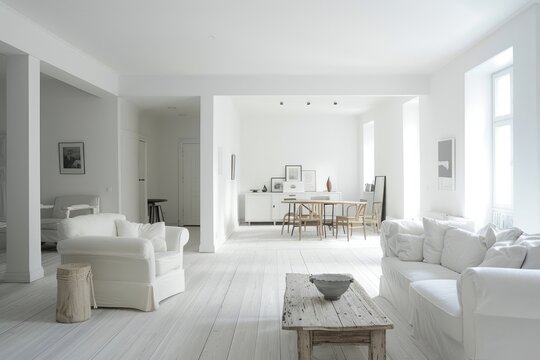 A pristine, white living room with minimal furniture, featuring a clean, open layout. The raw photo captures the simplicity and elegance of the minimalist design.
