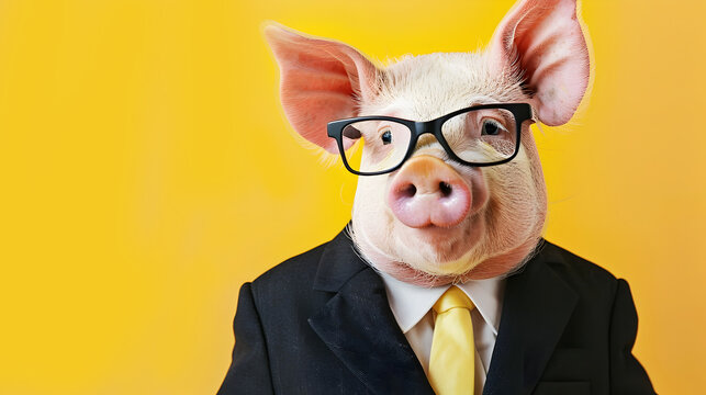 Sophisticated well dressed pig in a formal business suit and tie wearing stylish eyeglasses posing confidently against a vibrant yellow studio background  This humorous
