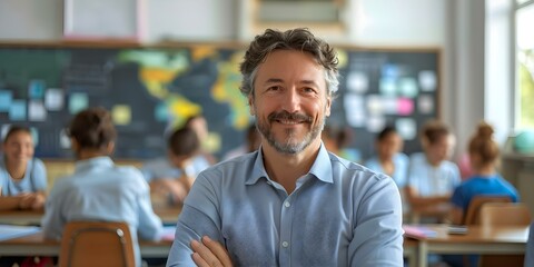 Fototapeta premium Male teacher smiling in classroom with a background of students and books gazes at the camera. Concept Education, Classroom, School, Teaching, Happiness