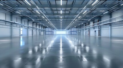 An immaculate smart warehouse with sleek, clean floors and bright lighting. The empty space is organized and optimized for modern storage solutions.