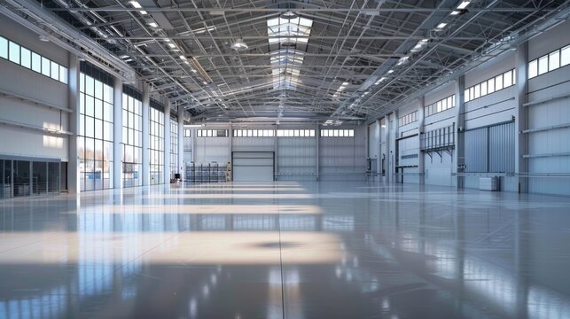 A spacious, pristine smart warehouse with high ceilings and ample natural light streaming through large windows. The clean floors and organized layout emphasize its efficiency.