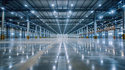 An expansive, well-lit smart warehouse with clean, shiny floors and an uncluttered layout. The space is illuminated by clear, bright lighting, ready for use.