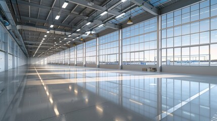 Obraz premium An empty, spotless smart warehouse with large windows allowing clear light to illuminate the space. The clean floors and advanced setup highlight its efficiency.