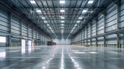 A spotless smart warehouse with clean surfaces and ample natural light. The bright, clear lighting and organized layout highlight its modern design.