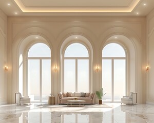 Obraz premium Luxurious high-ceiling living room with pastel cream walls framing large arched windows, featuring a cozy sitting area atop a glossy marble floor.