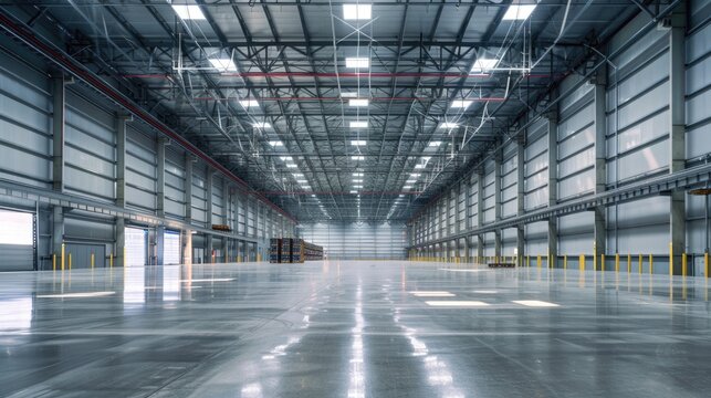 A spotless smart warehouse with clean surfaces and ample natural light. The bright, clear lighting and organized layout highlight its modern design.