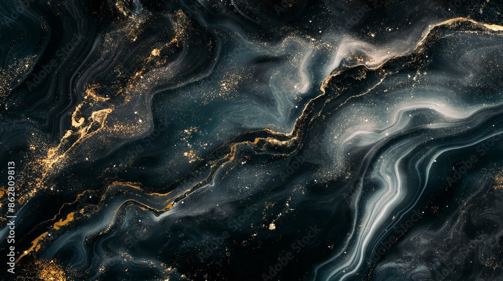 Poster this image features a close-up view of a dark marble texture background with streaks of gold and whi