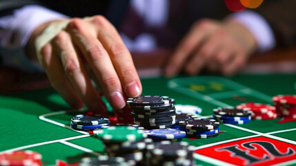 Naklejka premium A close-up shot of a players hand placing chips on a roulette table in a casino. The chips are arranged in a stack and are placed on the table in front of the player