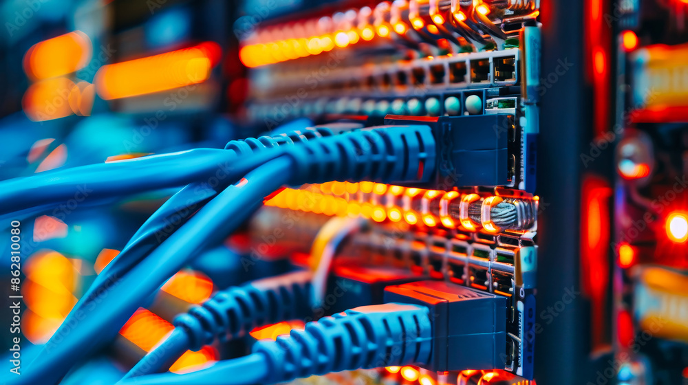 Poster close-up of blue network cables connecting to a server rack in a busy data center, illuminated by br
