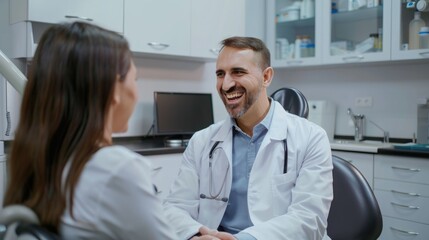 A friendly doctor meeting with a patient, both smiling, in a clean and uncluttered clinic room with a minimalist design