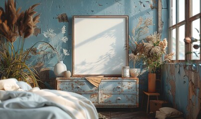 Cozy bedroom with a blank canvas on the dresser