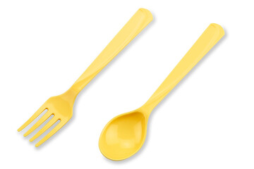 Yellow plastic spoon with fork isolated on white background with clipping path.