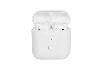Wireless earbuds case isolated on white background with clipping path.