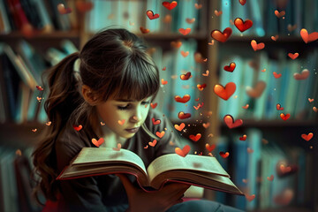 Little girl reading a book. Banner for Books Lovers Day on 9th August. reading, studying, lifestyle, clever