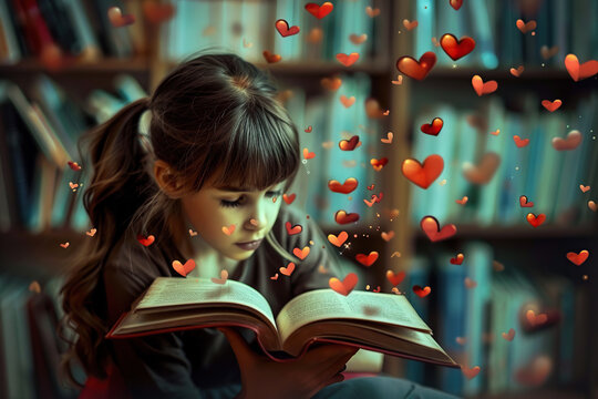 Little girl reading a book. Banner for Books Lovers Day on 9th August. reading, studying, lifestyle, clever