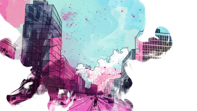 Berlin City Sketch with Watercolor Ink Drop Reveal Street Scene Animation.