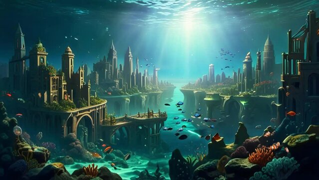 The city of Atlantis that sank to the bottom of the sea. Seamless looping 4k video animation