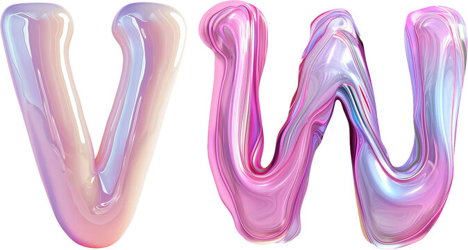 Liquid 3d font V,W alphabet set isolated on white background