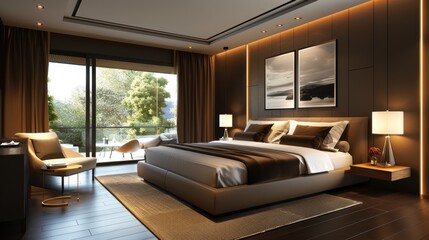 Naklejka premium A chic bedroom with a modern brown color scheme, minimalist furniture, and open space offering ample copy space.