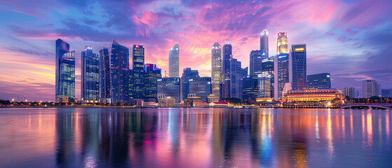Obraz premium A city skyline is reflected in the water at sunset