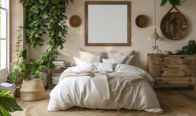 Bright bedroom with a mockup frame on the dresser