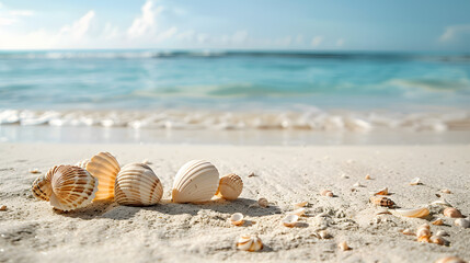 
On the sandy beach by the sea there are seashells scattered about It s the perfect spot for a relaxing seaside vacation with plenty of copy space image