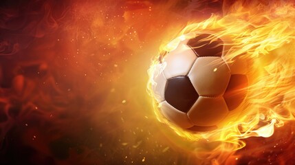 Naklejka premium Realistic soccer flying ball with fire trail behind, goal kick force, fiery flight energy, soccer game, speed symbol