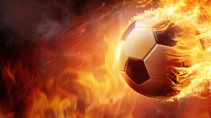 Naklejka premium Realistic soccer flying ball with fire trail behind, goal kick force, fiery flight energy, soccer game, speed symbol