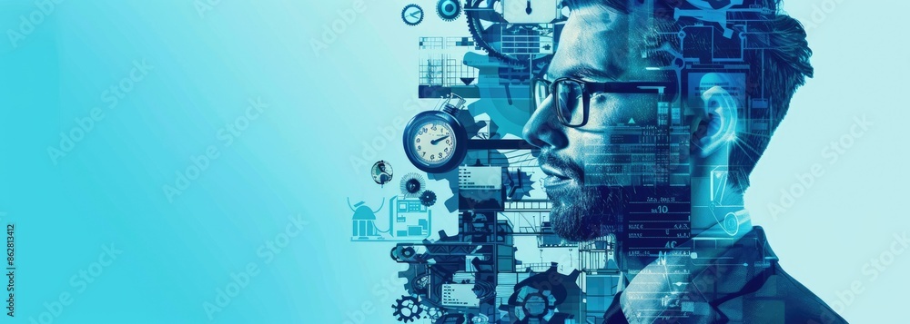 Poster the image shows a man with a digital face. the man is looking at the viewer with a serious expressio
