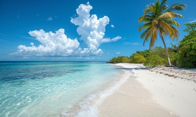 Fototapeta premium A tropical beach with palm trees and white sand