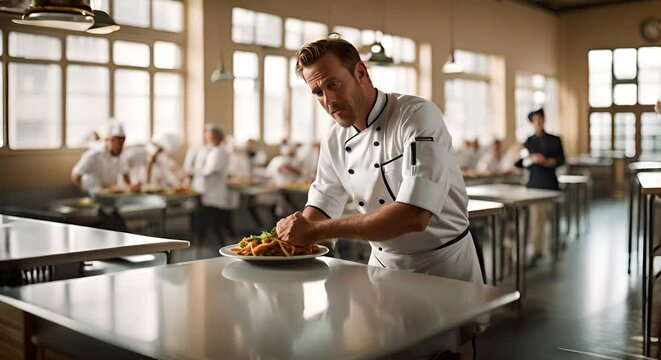 Chef working in a school cafeteria.