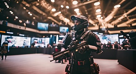 People dressed in costumes at a video game convention. video game fair.