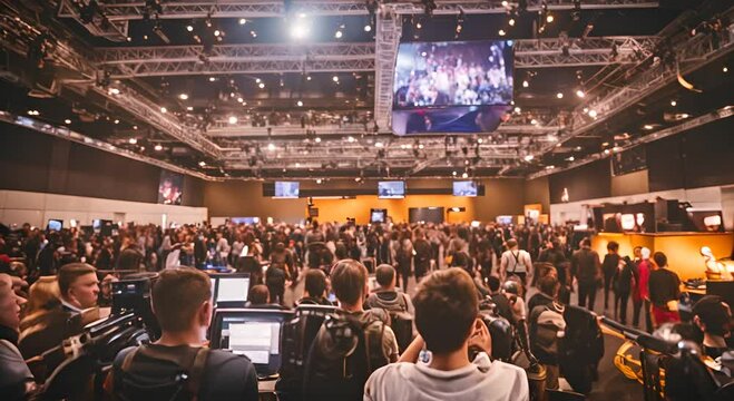 People at a video game convention. Video game fair.