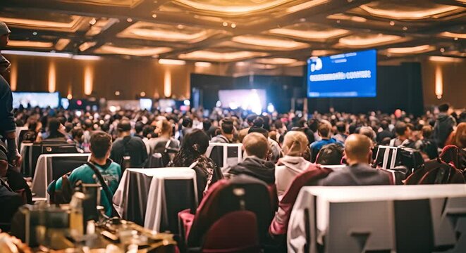 People at a video game convention. Video game fair.