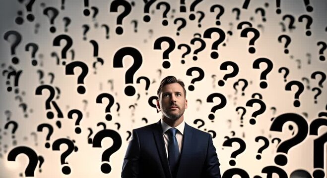 Businessman surrounded by question marks.