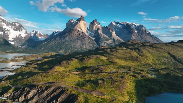 Aerial view of Torres del Paine with snow capped peaks and serene lakes, Patagonia, Chile.