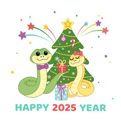 Christmas tree and snakes on greeting card Happy new 2025 year. Cartoon, vector