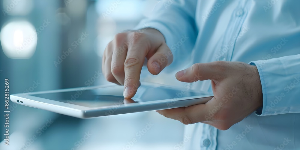 Poster experts analyze data on tablet for modern business strategy using latest tech. concept data analysis