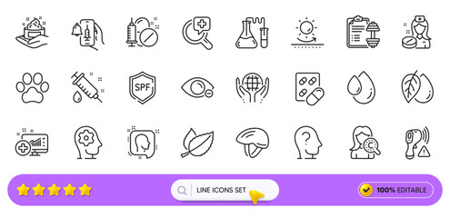 Mineral oil, Dumbbell and Mint leaves line icons for web app. Pack of Medical drugs, Sun protection, Organic tested pictogram icons. Nurse, Chemistry lab, Vaccine announcement signs. Vector