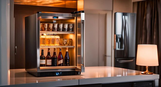 Mini bar in the hotel. Mini bar with drinks in the fridge in a hotel room.