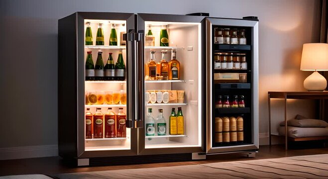 Mini bar in the hotel. Mini bar with drinks in the fridge in a hotel room.